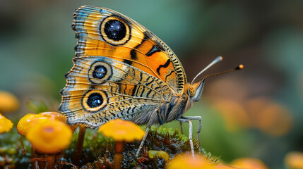 Close-up of a butterfly with vibrant orange and black patterns on its wings, perched on yellow mushrooms in a natural setting.