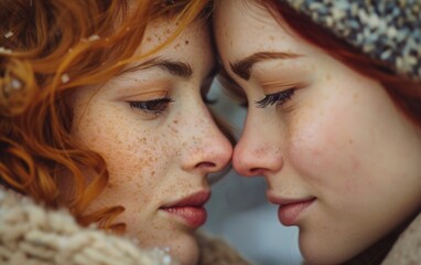 Obraz premium Two women with vibrant red hair are making eye contact with each other in a close moment