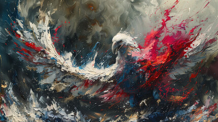 A dynamic and colorful abstract painting of an eagle in flight, with bold splashes of red, white, and blue. The background is a mix of dark and light hues