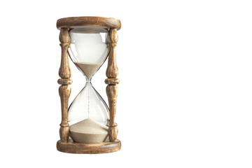 Vintage wooden hourglass with white sand on a transparent background. Timeless classic symbolizing the passage of time. Isolated image.
