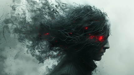 A surreal digital artwork depicting a person with dark, smoky hair that seems to dissolve into the air. The person's eyes glow red, creating a mysterious and eerie atmosphere.