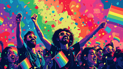 Group of diverse people holding rainbow flags celebrating pride month on rainbow background, illustration graphic style