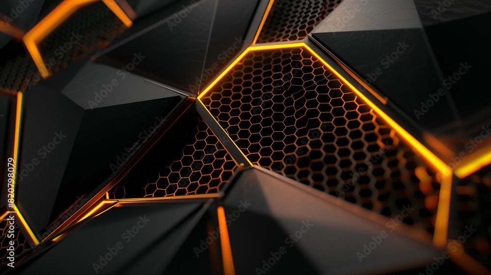 Poster a black and orange abstract design with a lot of lines and shapes. the design is very intricate and 