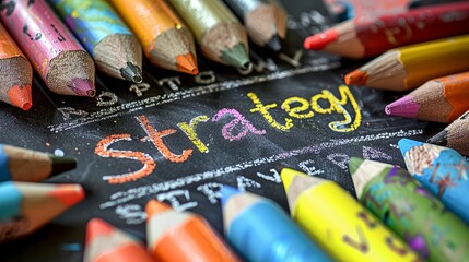 Obraz premium Scattered colorful crayons, pencils, and pens on a desk depict the Business Strategy concept.