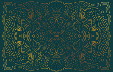 Abstract golden background of vector floral scrolls, art deco wedding, party theme, geometric ornament, linear style with leaves. Elegant decorative elements in the landscape