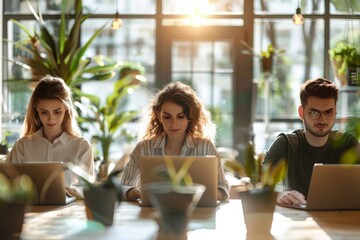 Three people are sitting at a table with laptops, one of them is wearing glasses