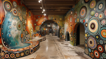 A vibrant, colorful art installation featuring walls and benches covered in circular, psychedelic patterns. The room has an otherworldly, immersive atmosphere with a mix of warm and cool tones.