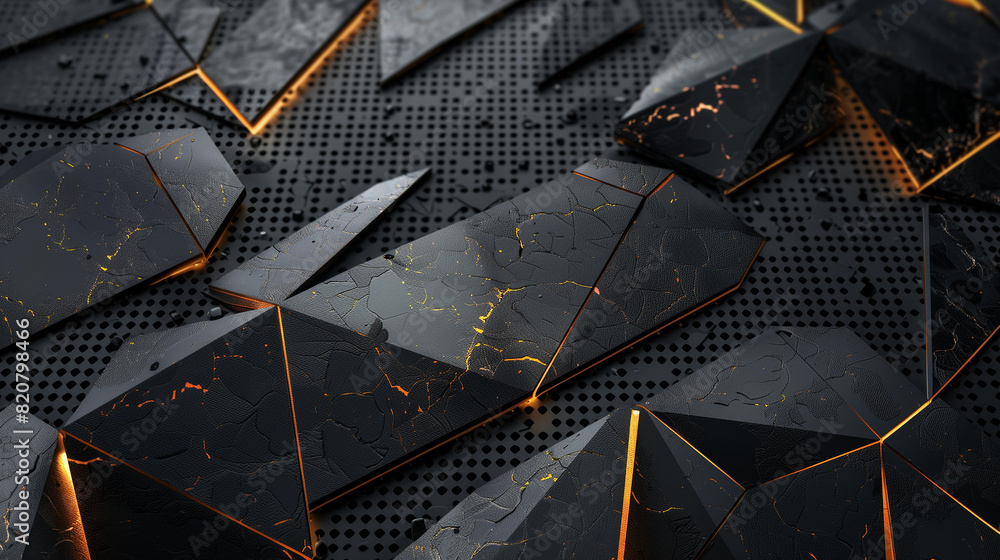 Poster a black and orange abstract design with a lot of lines and shapes. the design is very intricate and 