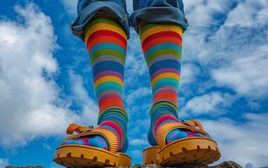 A person wearing rainbow patterned socks stands on a rock