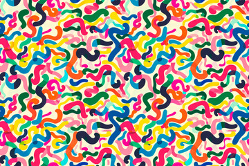 Obraz premium Vibrant seamless pattern with abstract colorful squiggles on a light background, ideal for fun and playful decorative designs.