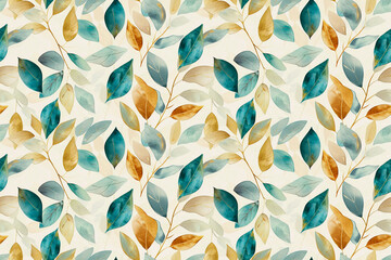 Seamless pattern with elegant blue and gold leaves, creating a sophisticated botanical decoration for various designs