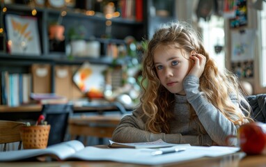 Fototapeta premium A Caucasian girl sitting at a table, engrossed in a book