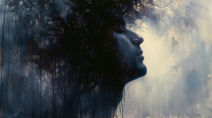 A surreal digital painting of a person's profile with their hair blending into abstract, dark, tree-like branches. The background is a mix of soft, muted colors