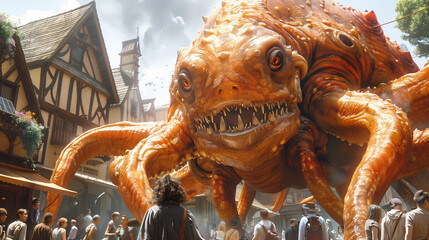 A massive orange monster with multiple tentacles and sharp teeth invades a medieval village, causing chaos among the villagers.