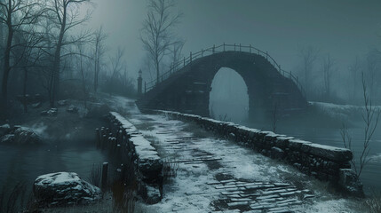 A foggy, eerie scene of an old stone bridge over a river, surrounded by leafless trees and snow-covered ground. The atmosphere is dark and mysterious, evoking a sense of desolation and solitude.