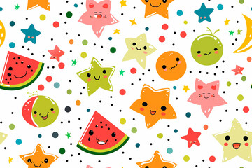 Seamless pattern of cute fruits and stars with smiling faces, perfect for children's decoration and playful designs. Tile ornament with a fun and vibrant look.