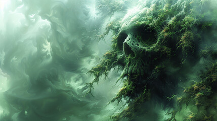 A surreal, eerie image depicting a large skull partially covered in moss and vegetation, emerging from a misty, greenish fog. The atmosphere is dark and mysterious