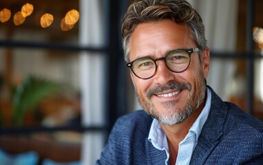 Obraz premium A middle-aged man is smiling while wearing glasses and a blue jacket