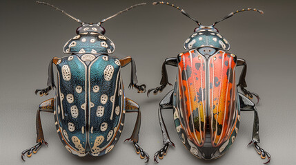 Close-up of two colorful beetles with intricate patterns on their shells. The beetle on the left has a blue and white spotted pattern, while the beetle on the right has a mix of red, orange patterns