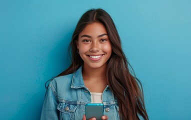 A smiling Latin teenage girl in a denim jacket holding a smartphone