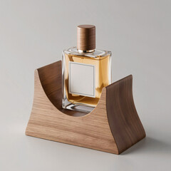 Mockup perfume bottle in a minimalistic style on a wooden stand