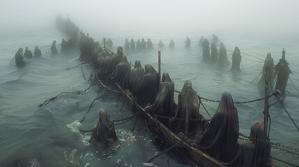 A haunting scene of ghostly figures in dark cloaks standing in water, connected by chains and wooden posts, shrouded in fog.