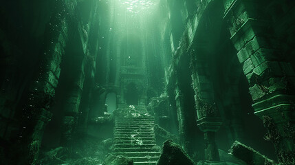 An underwater ancient temple with stone columns and stairs, illuminated by greenish light filtering through the water. The temple is covered in algae and moss