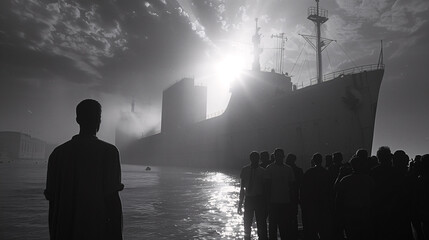 A large ship docked at a port with the sun shining brightly behind it, casting long shadows. A group of people stand in the foreground, silhouetted against the light.
