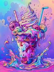 Ice cream and milkshake, digital art style, vibrant colour palette, surrealistic fantasy illustration