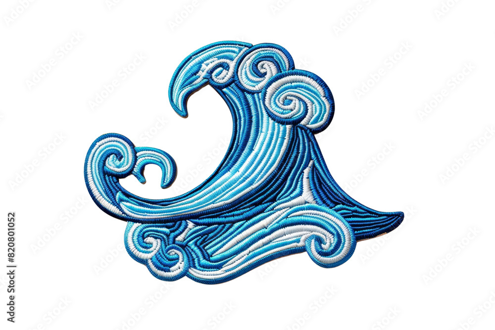Poster stylized drawing of a blue wave with intricate swirling patterns, representing ocean and water movem