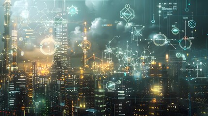 Fototapeta premium Glowing Molecular Diagrams Illuminating a Technological Cityscape in a Cinematic Composition