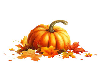 Naklejka premium Vibrant pumpkin surrounded by colorful autumn leaves, perfect for fall-themed designs and seasonal celebrations.
