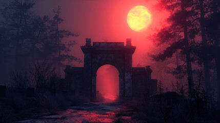 A mysterious stone archway in a dark, foggy forest under a red moon. The scene is eerie and atmospheric, with silhouettes of trees and overgrown vegetation.