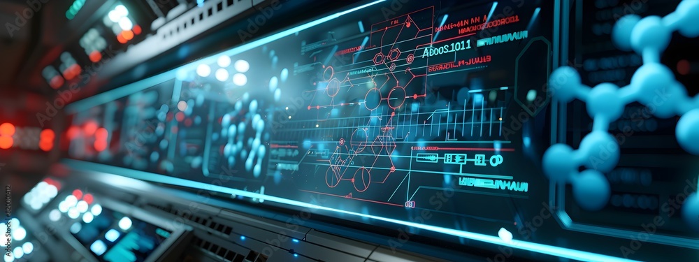 Poster hightech control panel a d rendered interface brimming with molecular diagrams and data
