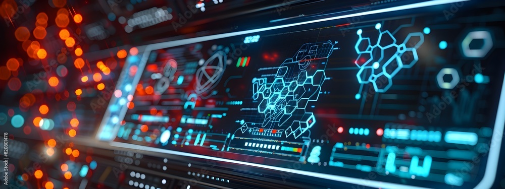Poster hightech control panel displaying stylized molecular data visualizations