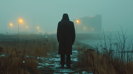 A solitary figure in a dark coat stands on a foggy path near a body of water, with streetlights and a building visible in the background.