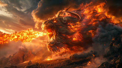 A terrifying Chimera with the heads of a lion, goat, and serpent, breathing fire amid a landscape of desolation