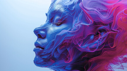 A digital artwork of a human face in profile, featuring vibrant blue and pink abstract waves flowing around it. The image has a futuristic and surreal aesthetic.