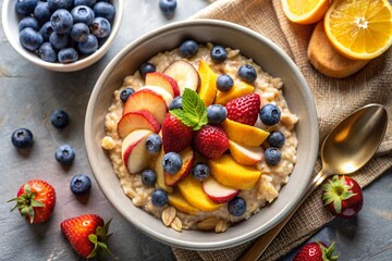 Oatmeal porridge with fruit and berries in bowl with spoon on table top view. 
