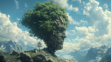 A surreal image of a large rock formation shaped like a human head with a tree growing on top, set against a mountainous landscape with a cloudy sky.