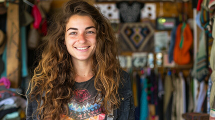 Obraz premium Smiling Young Woman in Bohemian Clothing Store