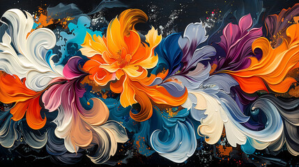 A vibrant abstract painting featuring swirling, colorful floral patterns with a mix of orange, blue, purple, and white hues on a dark background.