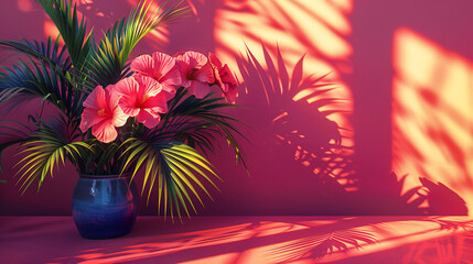 A vibrant still life of tropical flowers and palm leaves in a blue vase against a red background with dramatic shadows.