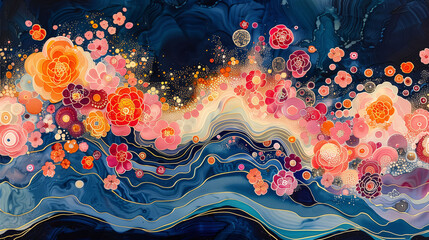 A vibrant abstract painting featuring a wave of colorful flowers against a dark, swirling background. The flowers are in various shades of red, orange, pink, and yellow