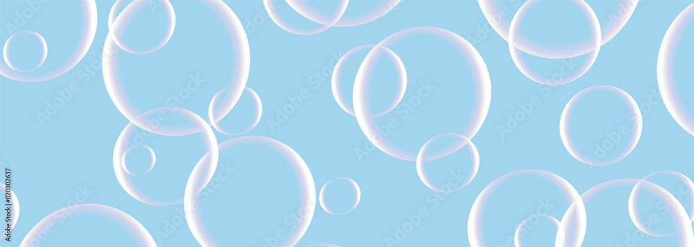 Poster soap bubbles on wide background in blue pastel colors. realistic 3d transparent bubbles on vector il