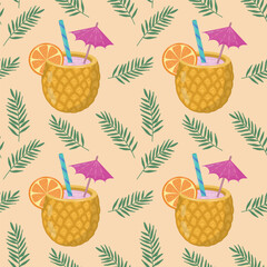 Summer seamless pattern with hand-drawn alcoholic cocktails. Vintage vector background with drinks, pineapples, flowers and lemons on a light background for textiles, wrapping paper, menus