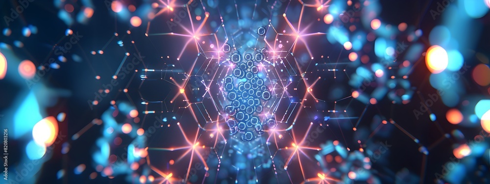 Poster futuristic constructivism iridescent molecular nanostructures in a hexagonal grid pattern
