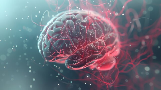 a modern high tech transparent 3d brain illustration with neural pathways glowing inside made out of tiny white particles - Powered by Adobe