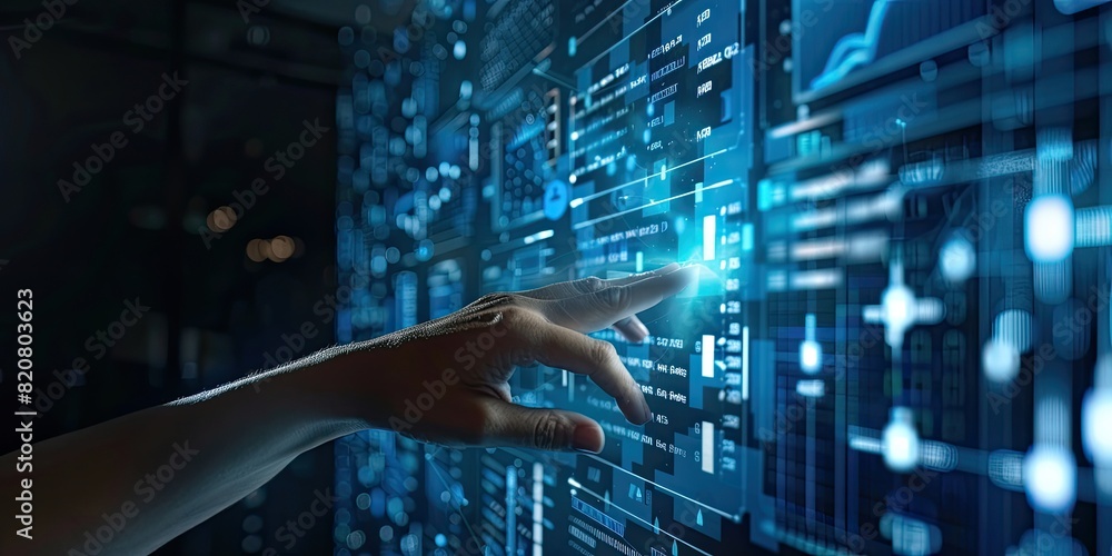 Poster futuristic touch screen with hand and digital data