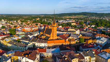 Picturesque cityscape of Old Town Cathedral and market square in Tarnow, Lesser Poland. Aerial...